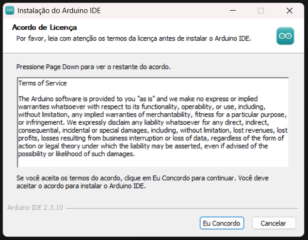 Instalador do ardunio, termos de serviço